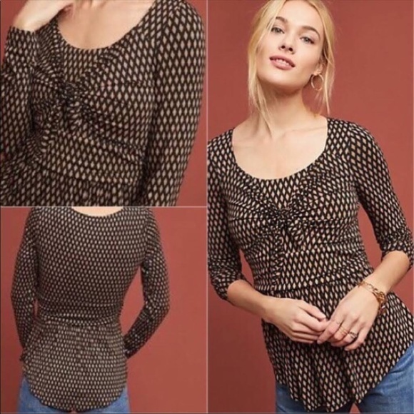 Anthropologie Meadow Rue Joselyn Diamond Pattern Tie Front Long Sleeve - Picture 2 of 16